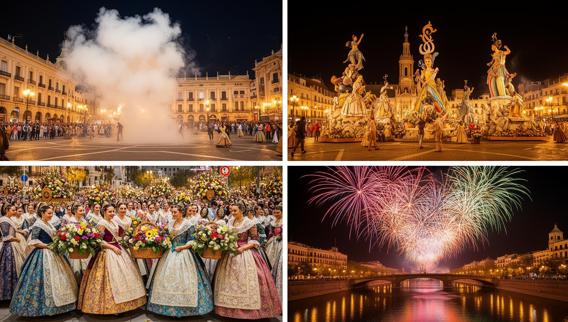 Collage de momentos de las Fallas de Valencia: mascletà, monumentos, ofrena y fuegos artificiales