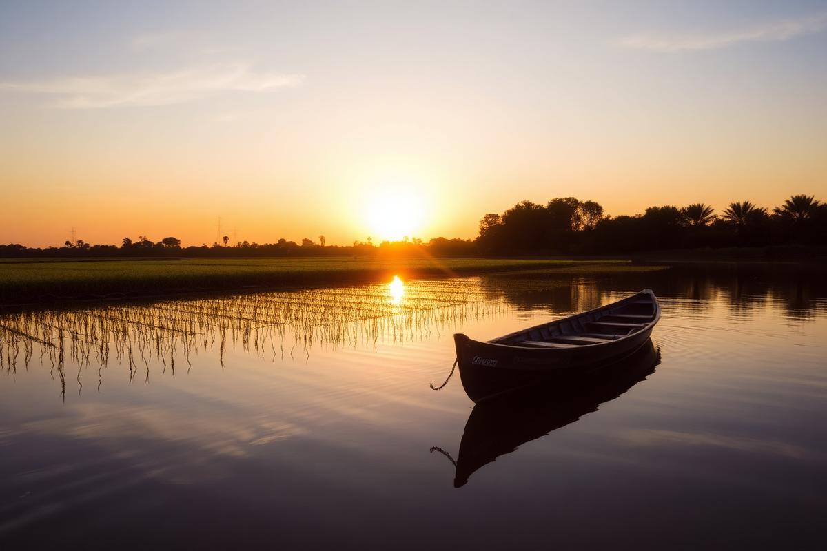 Excursión a la Albufera de Valencia al atardecer Barca tradicional en la Albufera de Valencia al atardecer, con arrozales y agua en calma