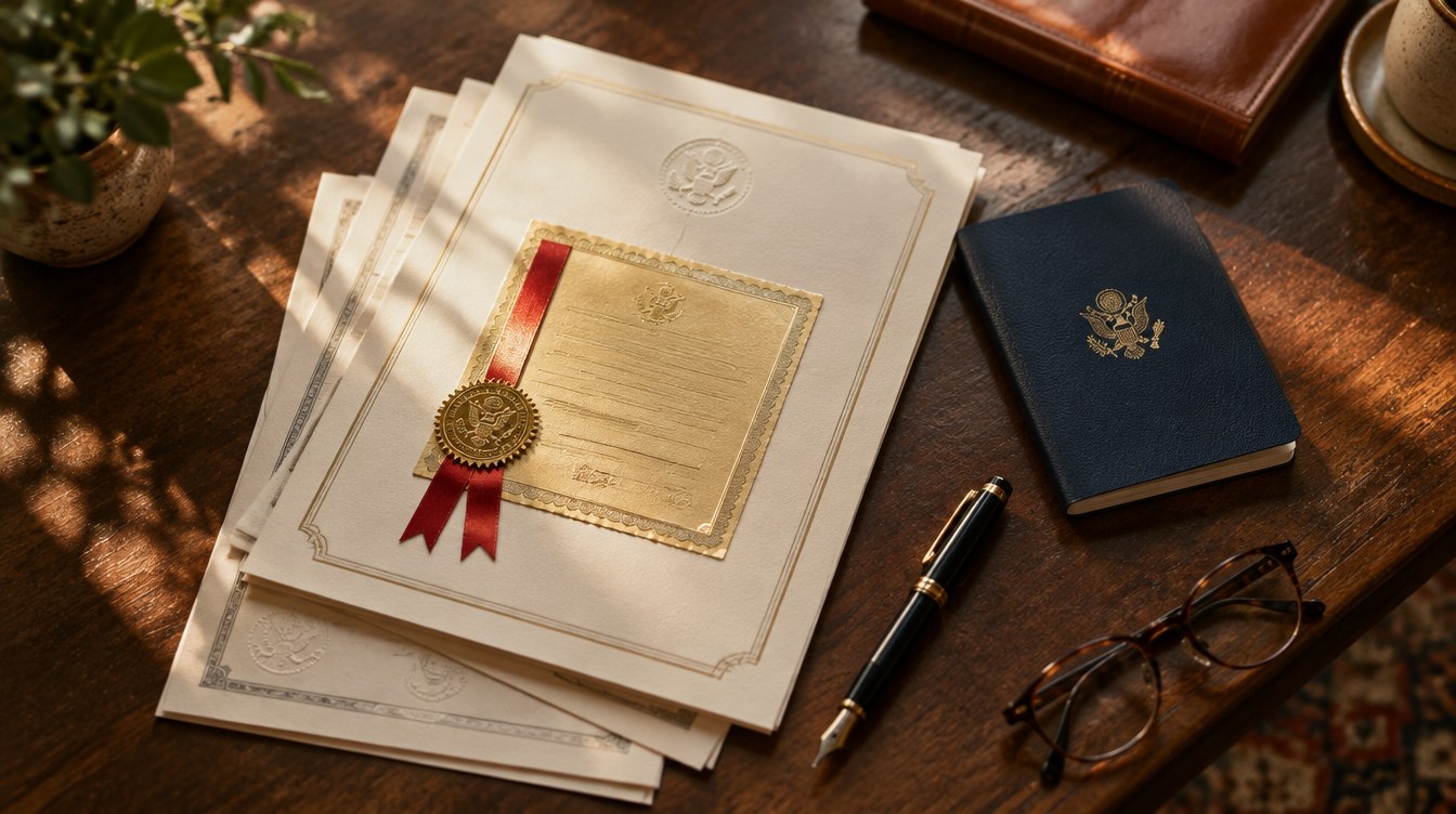 Certificados estadounidenses con apostilla y pasaporte sobre un escritorio