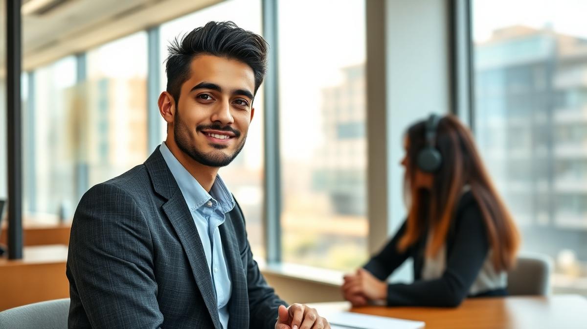 Profesional latino en entrevista de trabajo en oficina de Valencia