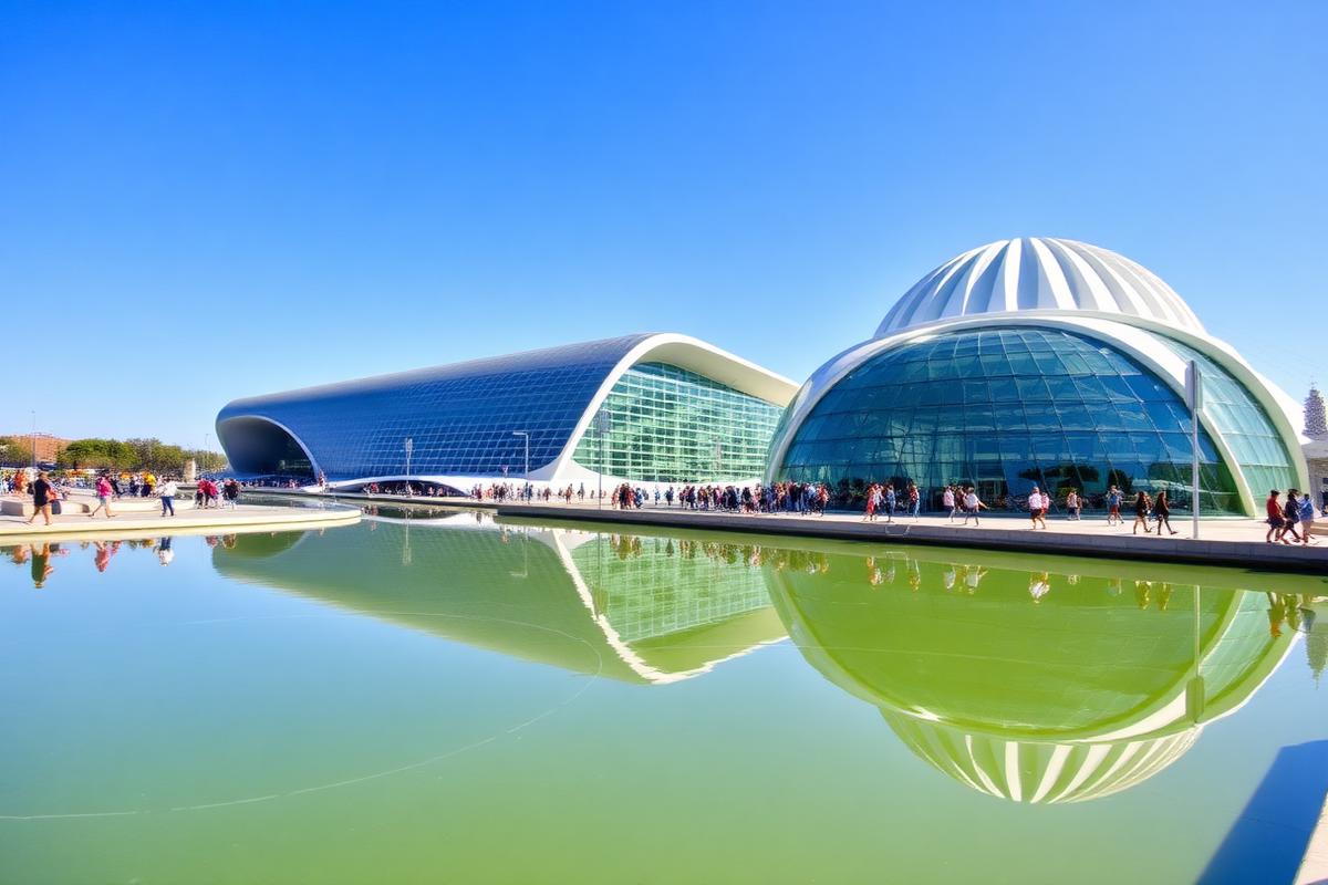 Ciudad de las Artes y las Ciencias en primavera Ciudad de las Artes y las Ciencias de Valencia en primavera, con edificios futuristas reflejados en el agua bajo un cielo azul