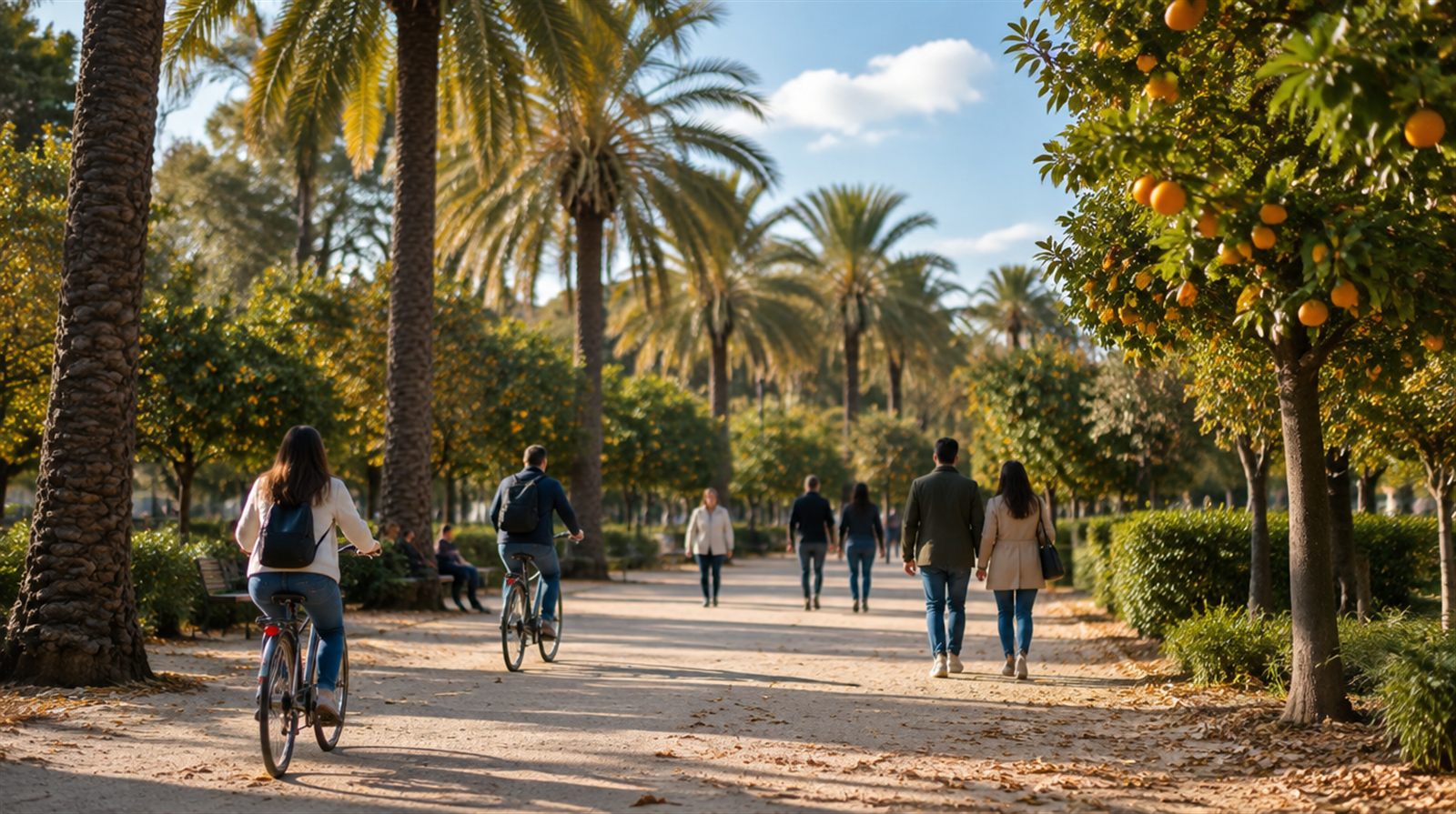 People walking and cycling on a palm-lined park path in Valencia on a sunny autumn afternoon