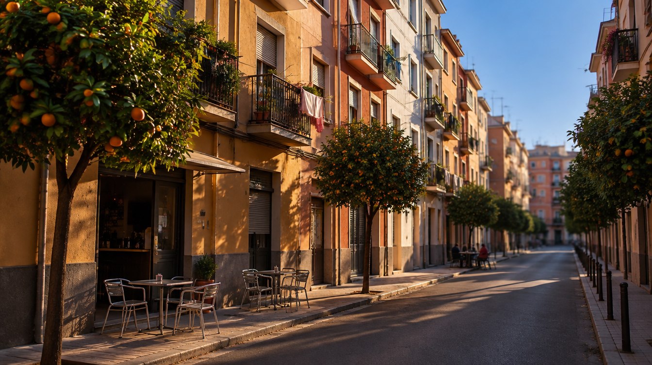 Vista de una calle residencial de Valencia con balcones y terrazas de bar