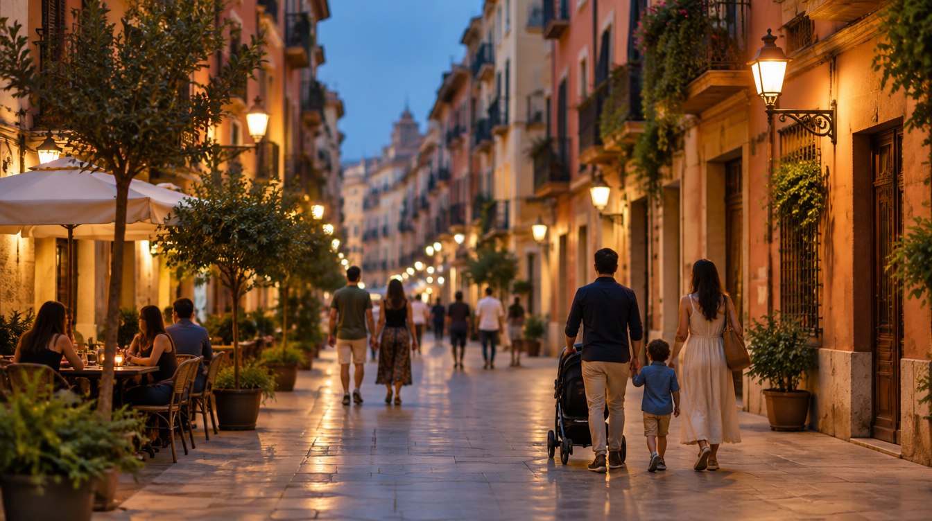 Calle peatonal de Valencia al anochecer con familias paseando y terrazas