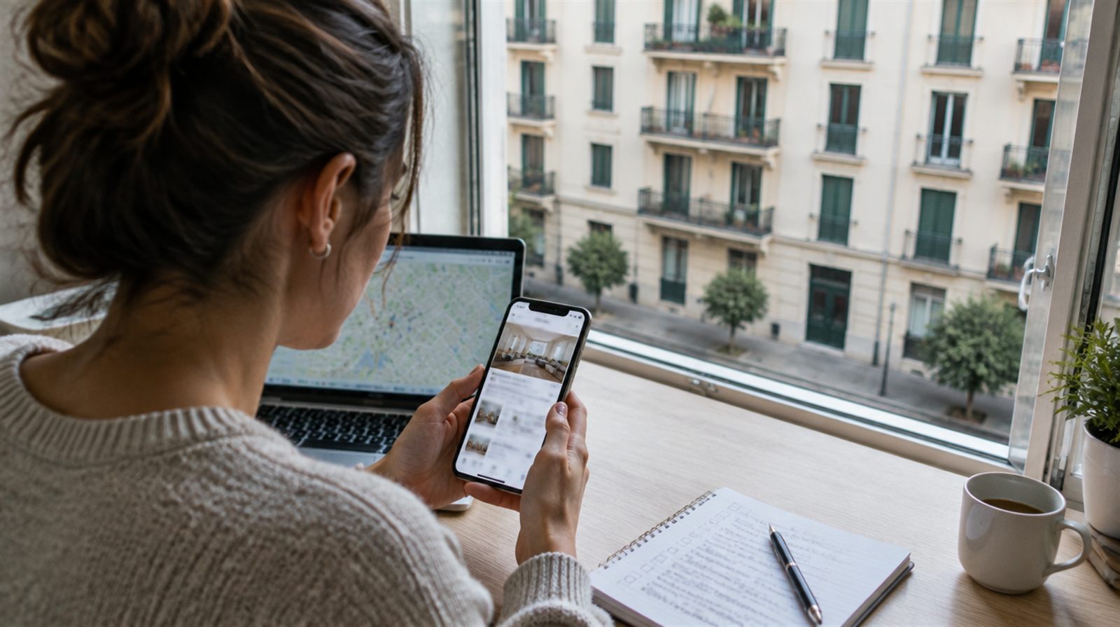 Woman carefully checking an apartment listing on her phone, with a map on her laptop and a checklist
