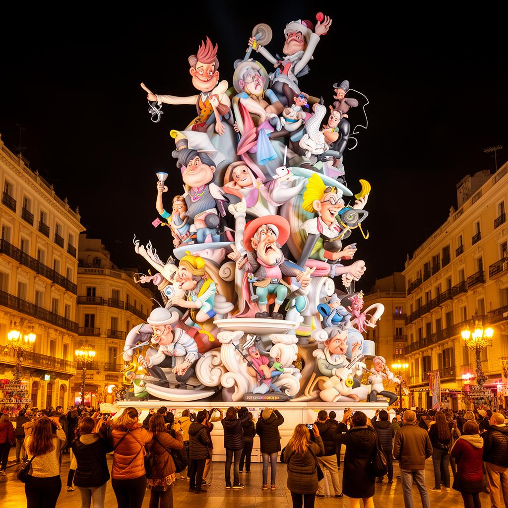 Falla monumental de sección especial iluminada de noche en Valencia
