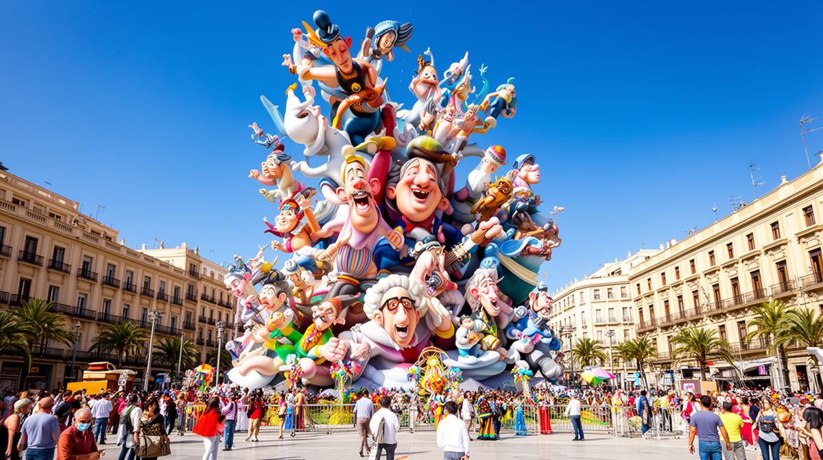 Monumento fallero gigante y colorido en una plaza de Valencia con figuras satíricas