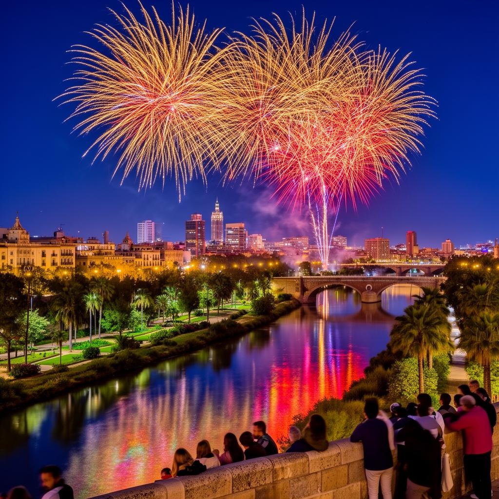 Fuegos artificiales espectaculares sobre Valencia durante las Fallas