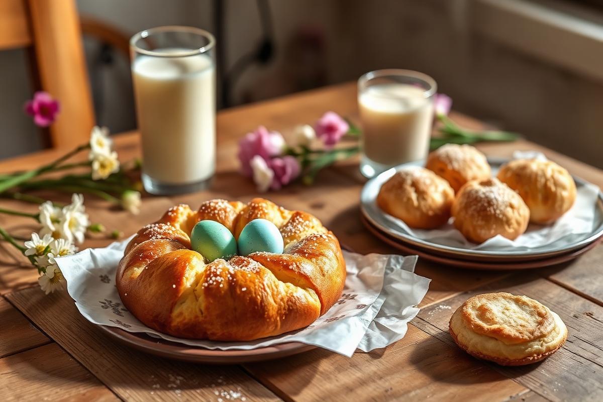 Dulces y gastronomía típica de la Semana Santa valenciana Gastronomía típica de Semana Santa en Valencia: mona de Pascua, buñuelos y horchata sobre mesa de madera