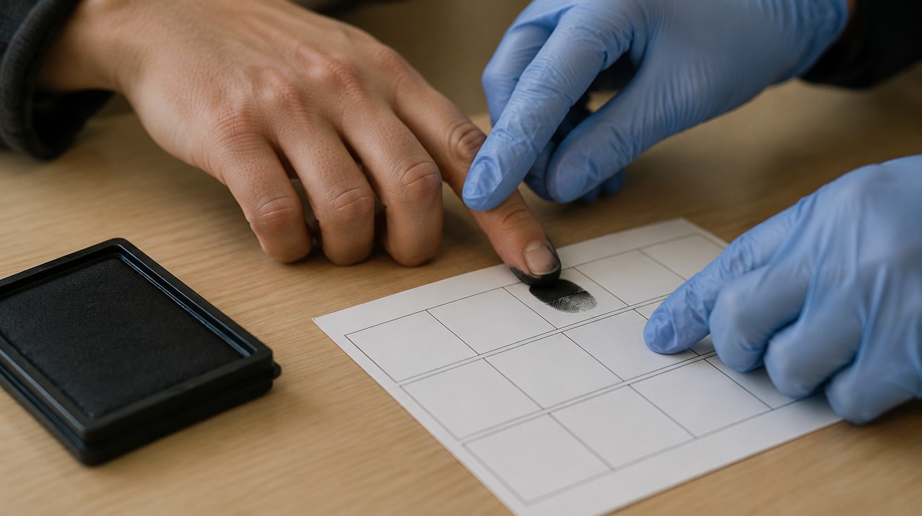 Toma de huellas dactilares sobre una tarjeta para el certificado del FBI