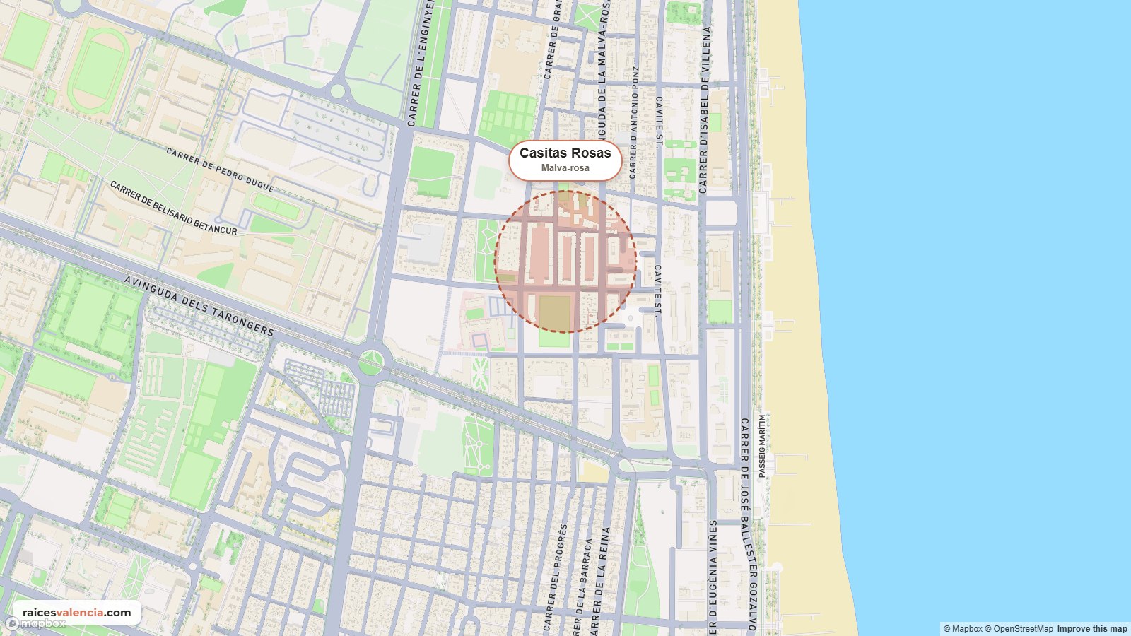 Mapa de la Malva-rosa con el grupo de viviendas de las Casitas Rosas marcado en terracota, cerca de la playa