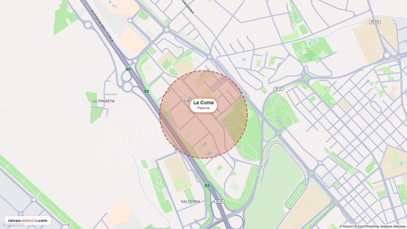 Mapa del barrio de La Coma, en Paterna, marcado en terracota junto a la autovía del Túria