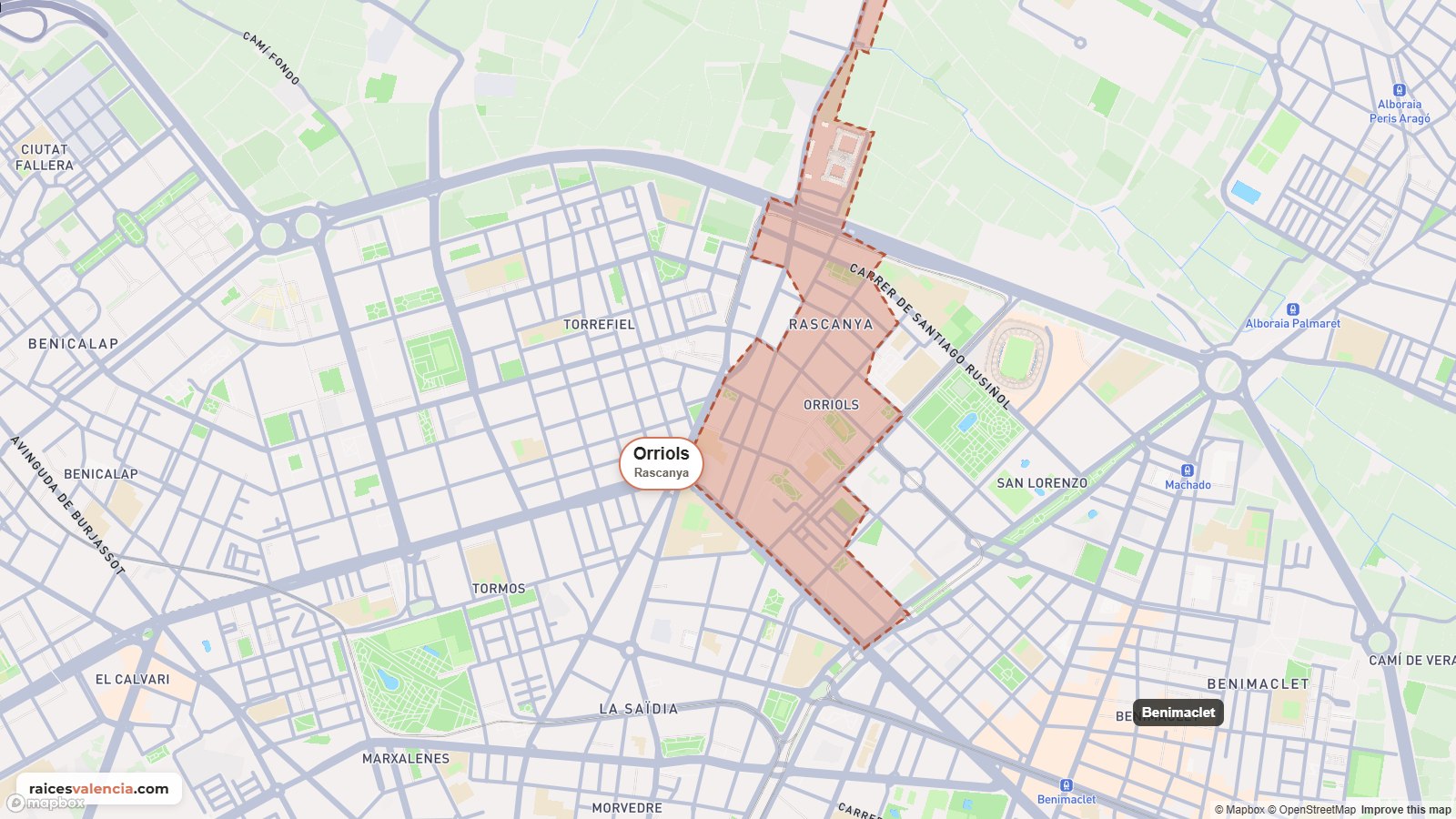 Mapa del barrio de Orriols, en el distrito de Rascanya, marcado en terracota