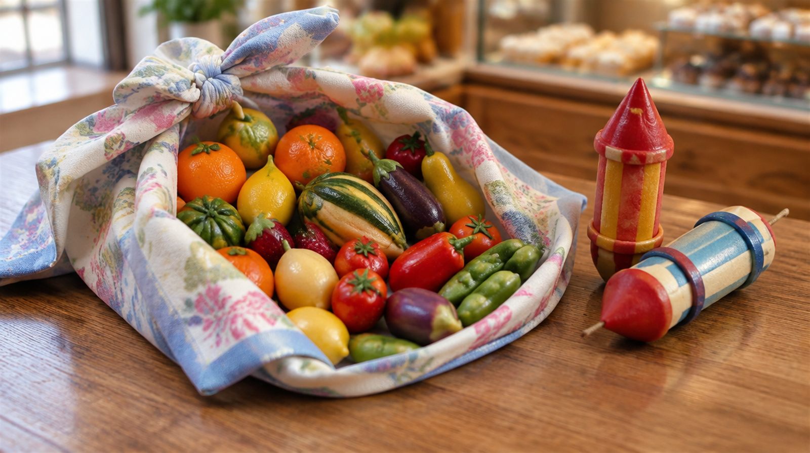 Mocadorà for Sant Donís: a silk handkerchief filled with marzipan fruits and vegetables, with two rocket-shaped sweets