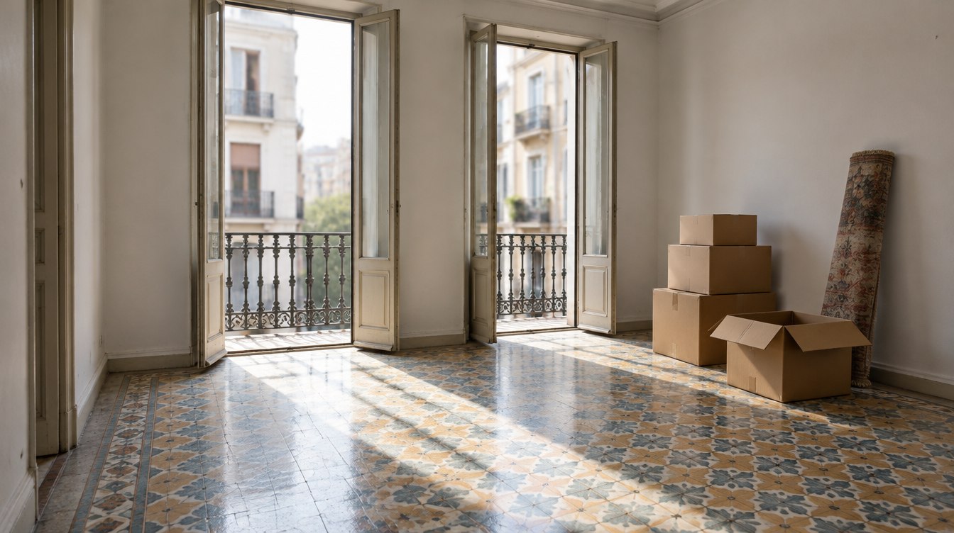 Piso valenciano vacío con suelo hidráulico y cajas de mudanza junto al balcón