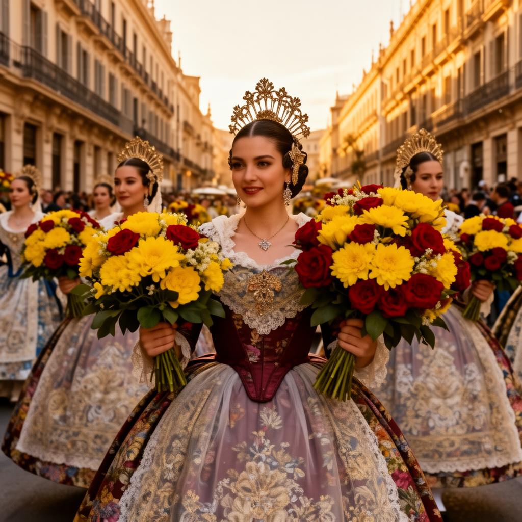 Grupo diverso de mujeres con trajes de fallera llevando ramos de flores durante la ofrenda