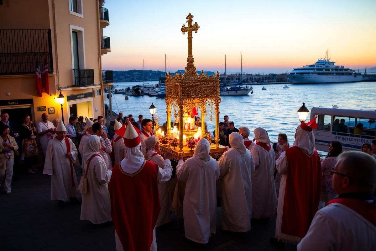 Semana Santa Marinera en el Cabanyal, Valencia Procesión de la Semana Santa Marinera en el barrio del Cabanyal de Valencia, con cofradías junto al mar al atardecer