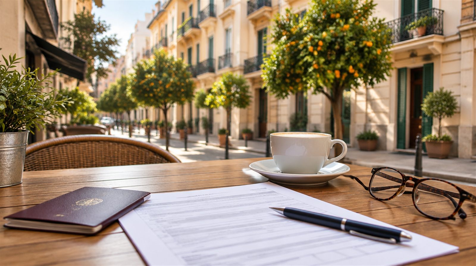 Paspoort, aanvraagformulier en koffie op een terras in een straat in Valencia
